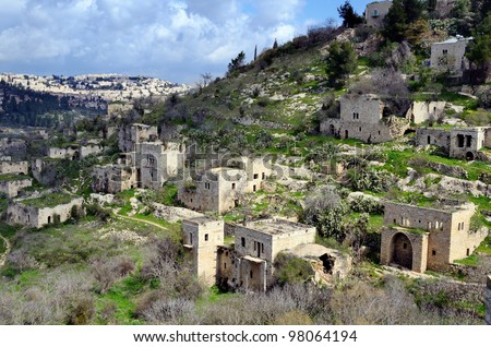 Lifta, a Jerusalem village which was abandoned by the Palestinians during the Israeli War of Independence, juxtaposed against new Israeli high rises.