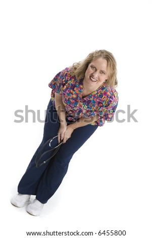 Blond woman in medical scrubs