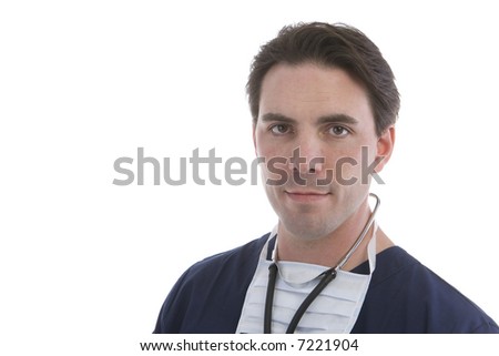 Male model in medical scrubs over white background