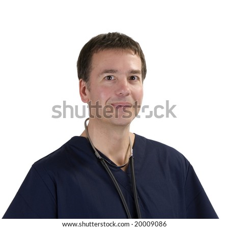 Adult male in medical scrubs over white background
