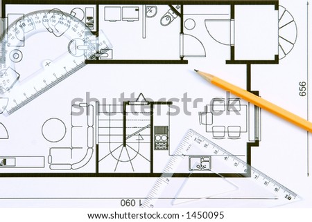 A floor plan with protractor, pencil and setsquare on top of it.
