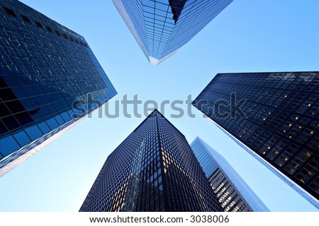 Wide-angle shot of skyscrapers in New York, diminishing perspective.