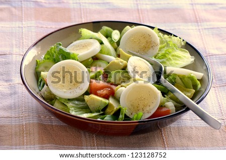 Fresh garden salad with egg, avocado and tomato in brownstone dish for a healthy low calorie lunch.