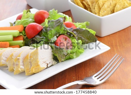 Cold shredded chicken with garden salad and mini tortilla chips
