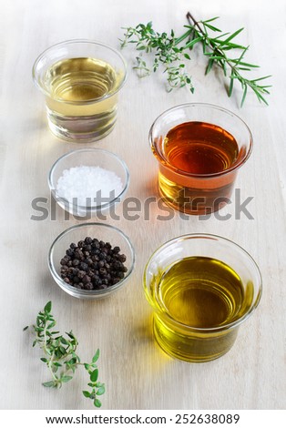 Fresh herbs, agave syrup, olive oil and rice wine vinegar with sea salt and peppercorns are the ingredients for a fresh healthy salad dressing