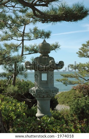 Japanese garden pagoda in garden overlooking the ocean