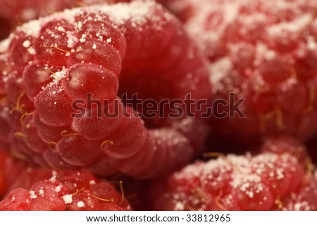 Fresh red raspberries frosted with confectioner\'s sugar closeup