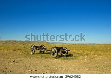 Covered wagon frame out in the Great Plains of Wyoming