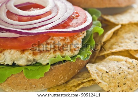Cooked turkey cutlet on whole wheat kaiser bun with tomato, red onion and tortilla chips