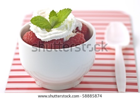 Healthy low fat fresh fruit dessert with raspberries and lite whipped cream