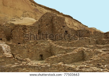 Ancient Anasazi city of Pueblo Bonito, Chaco Canyon, New Mexico showing skill of stone building by these ancient people.