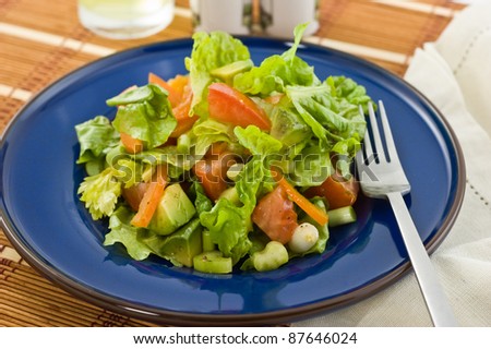 Fresh garden salad on blue plate with fork