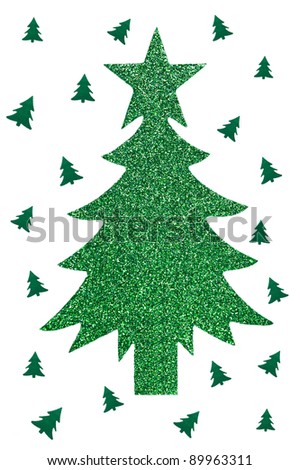 Sparkly green Christmas tree with tiny trees on white background in vertical format