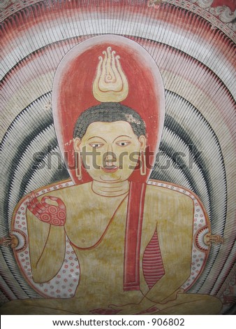 Buddha, cave painting inside the ancient Cave temple, Dambulla, Sri Lanka