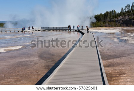 Tourists on the boardwalk at Midway Geyser Basin.