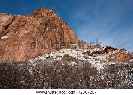 Winter trees and snow in Colorado Springs\' Garden of the Gods park.