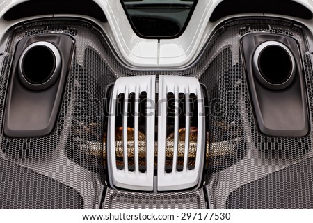 DANVILLE â?? JULY 5: Engine cover, vents, exhaust of Porsche 918 Spyder on display at Cars & Coffee event by Blackhwak Automotive Museum on July 5, 2015 in Danville, CA, USA.