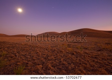 Farm land scene with rolling grassland / pasture hills under a romantic moonlit sky