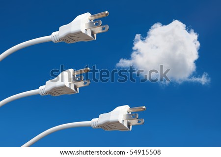 Three power cords reaching up in the sky to a power outlet set in a cloud representing clean alternative energy / wind power