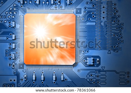 Fast CPU / Processor with orange sun and cloud graphic, representing power, speed and efficiency, on blue computer, electronic circuit board