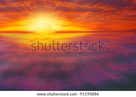 Spiritual, beautiful scene of sun rising / setting over the horizon with view point from the air, between layers of clouds