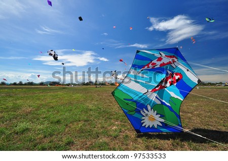 CHA-AM - MARCH 9: Colorful of kites are showing  in the 12th Thailand International Kite Festival on March 9, 2012 in Naresuan Camp, Cha-am, Thailand.