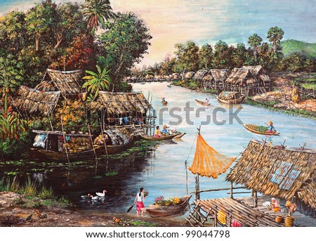 Original oil painting on canvas - picture of waterside life