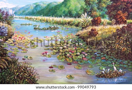 original oil painting on canvas - landscape of lotus swamp