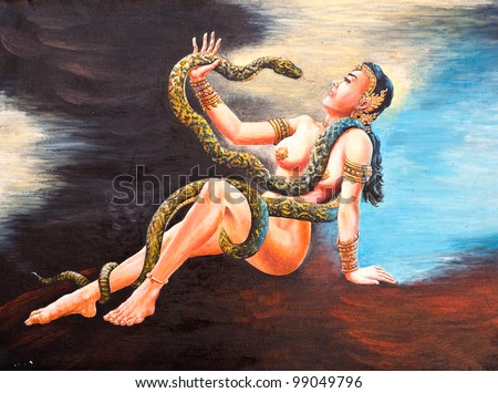Original oil painting on canvas - woman with snake