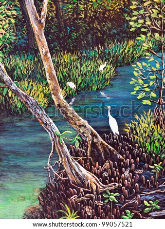 Original oil painting on canvas - egret in the mangrove forest
