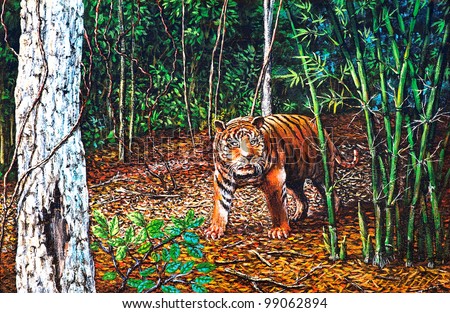 Original oil painting on canvas - tiger in the forest