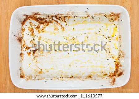 Greased ceramic tray with remains of olive oil after roasting food in the oven