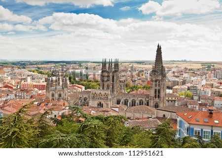 Panorama of Burgos, Spain with the Burgos Cathedral and distant fields around the city