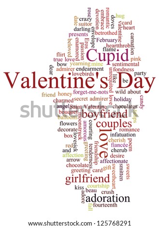 Valentine\'s Day word cloud concept including terms such as love, romance, kiss, boyfriend, girlfriend, Cupid and others