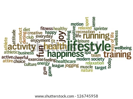 Conceptual illustration of tag cloud containing words related to healthy lifestyle. Also available as vector.