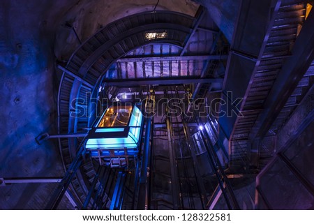 GRAZ, AUSTRIA - JUN 16: Elevator shaft inside Schlossberg hill above the city on June 16, 2011 in Graz, Austria. It\'s 77m high, was designed by architect Rainer Schmid and was opened in 2000.