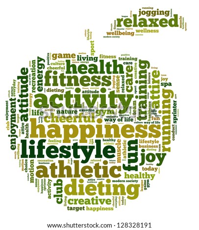 Conceptual illustration of tag cloud containing words related to healthy lifestyle in the shape of an apple. Also available as vector.