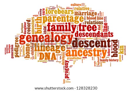 Conceptual image of tag cloud containing words related to genealogy and family history research in the form of a tree Also available as vector.