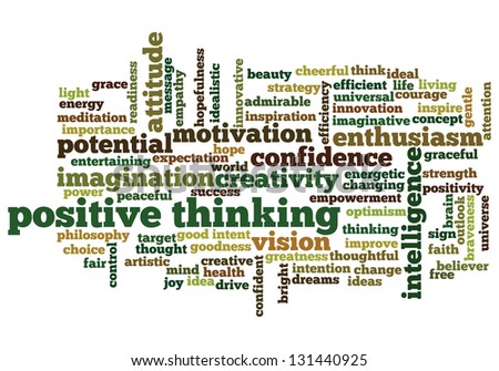 Conceptual illustration of tag cloud containing words related to creativity, positive thinking, confidence, enthusiasm, imagination, inspiration, potential, optimism... Also available as vector.