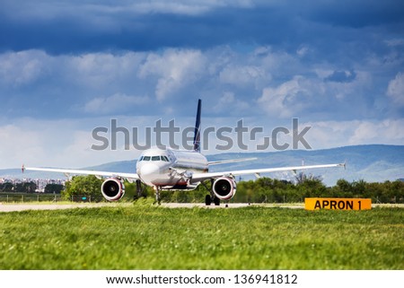 ZAGREB, CROATIA - APR 28: Russian Airlines (Aeroflot) Airbus A320-214 on runway at Pleso Airport in Zagreb, Croatia, preparing to take off