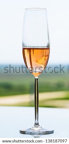 Glass of white  wine glass on a table against vineyard in summer