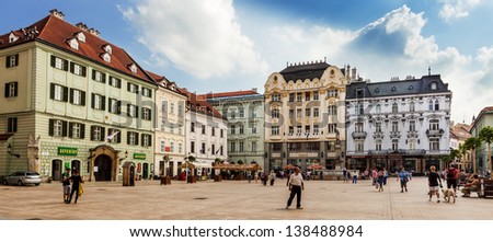 BRATISLAVA, SLOVAKIA - MAY 8: Tourists and residents on Main City Square in Old Town on May 8, 2013 in Bratislava, Slovakia. Populated by 462,000 people, the capital is the largest city in Slovakia.