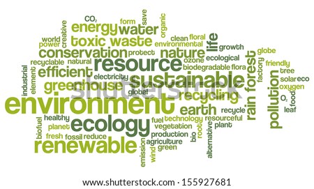 Conceptual tag cloud containing words related to ecology, environment, pollution, renewable resources, recycling, conservation, efficiency...
