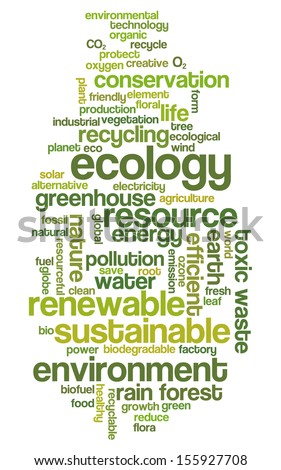 Conceptual tag cloud containing words related to ecology, environment, pollution, renewable resources, recycling, conservation, efficiency...