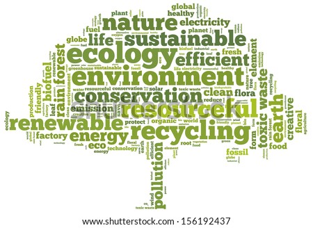Conceptual tag cloud in the shape of the green tree containing words related to ecology, environment, pollution, renewable resources, recycling, conservation, efficiency...