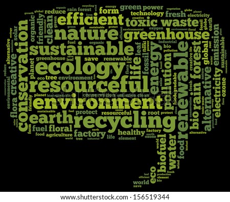 Conceptual tag cloud containing words related to ecology, environment, pollution, renewable resources, recycling, conservation, efficiency in the form of a callout on black background