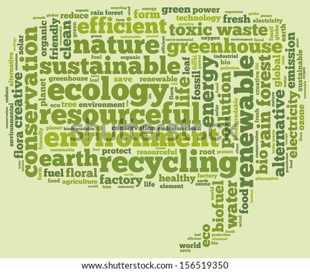 Conceptual tag cloud containing words related to ecology, environment, pollution, renewable resources, recycling, conservation, efficiency in the form of a callout  on green background