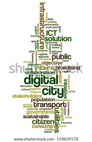 Conceptual tag cloud containing words related to digital city, smart city, infrastructure, ICT, efficiency, energy, sustainability, development and other ICT related terms