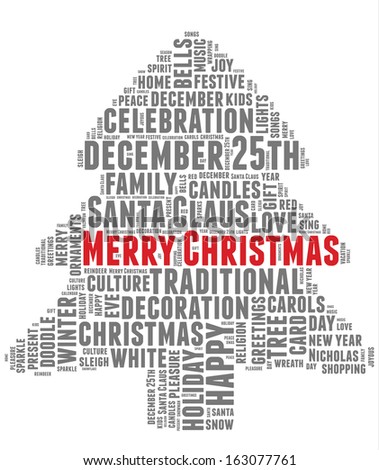 Conceptual tag cloud of words related to Christmas and celebration in the shape of a Xmas tree