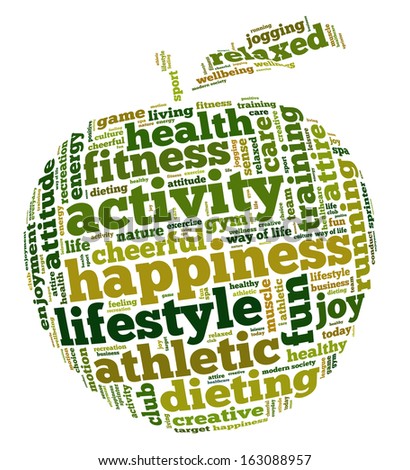 Conceptual tag cloud of words related to healthy lifestyle in the shape of an apple.